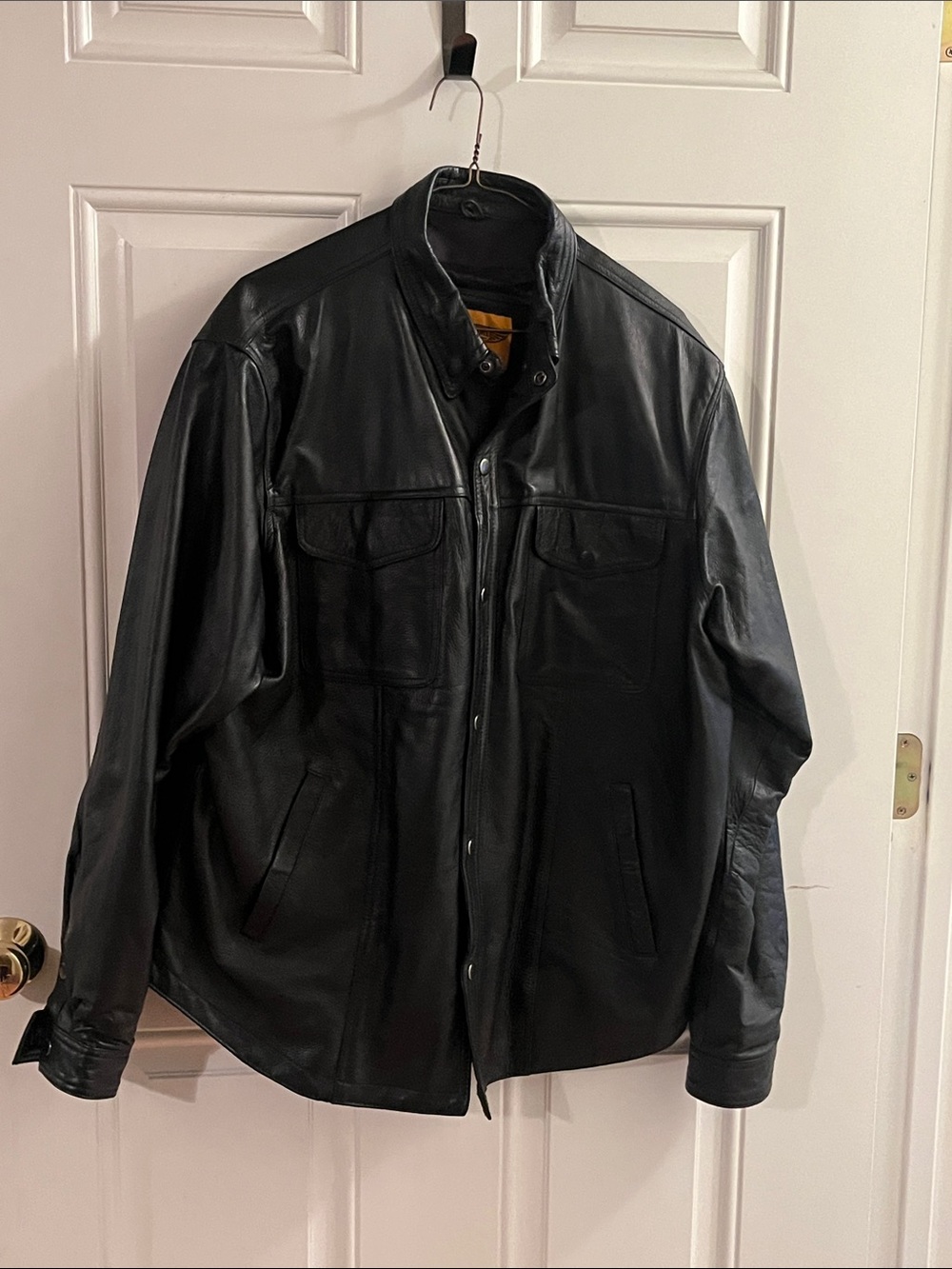 Men's Black Leather Jacket - Snap Front
